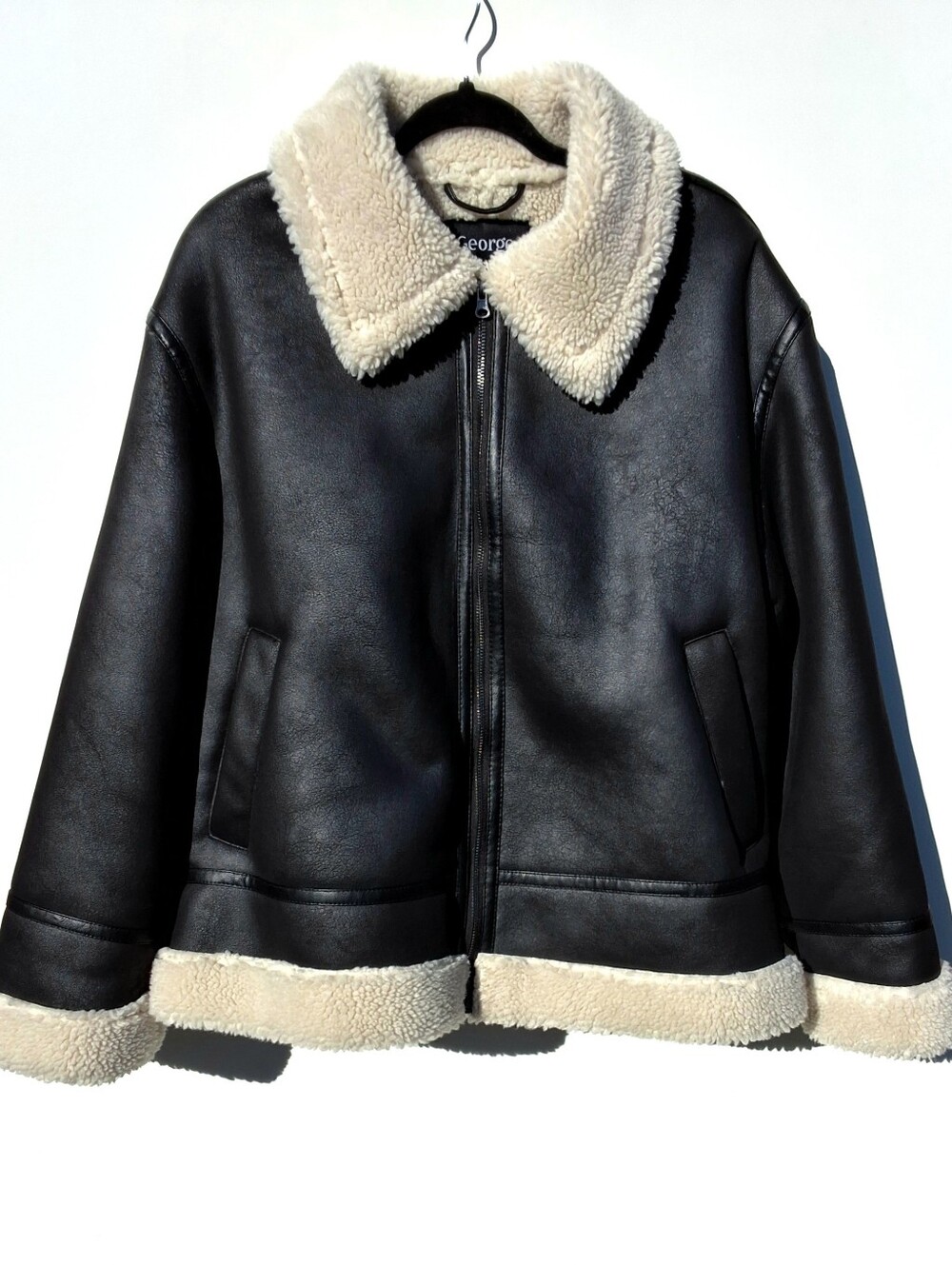 George Faux Leather Shearling Aviator Jacket - Black/Cream (Size XL)